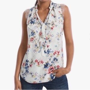 WHBM Sleeveless Cascade Ruffle Blouse Eyelash Lace White Blue Pink Size SP